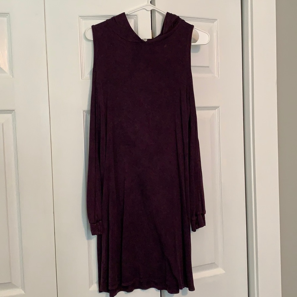 Deep purple cold shoulder long sleeved dress with hood
